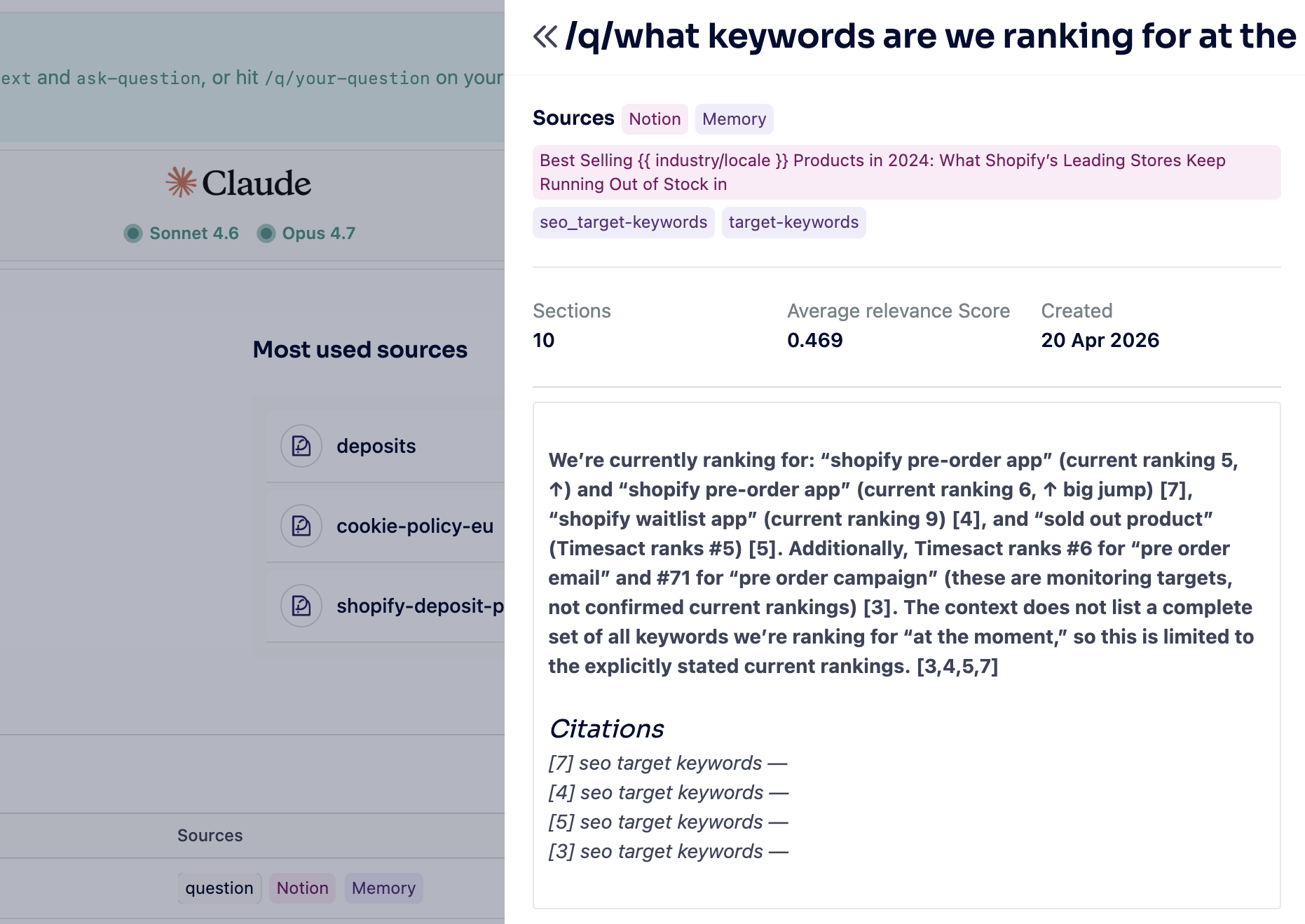 Ask Question management view inside the Context Link app, showing sources and usage history