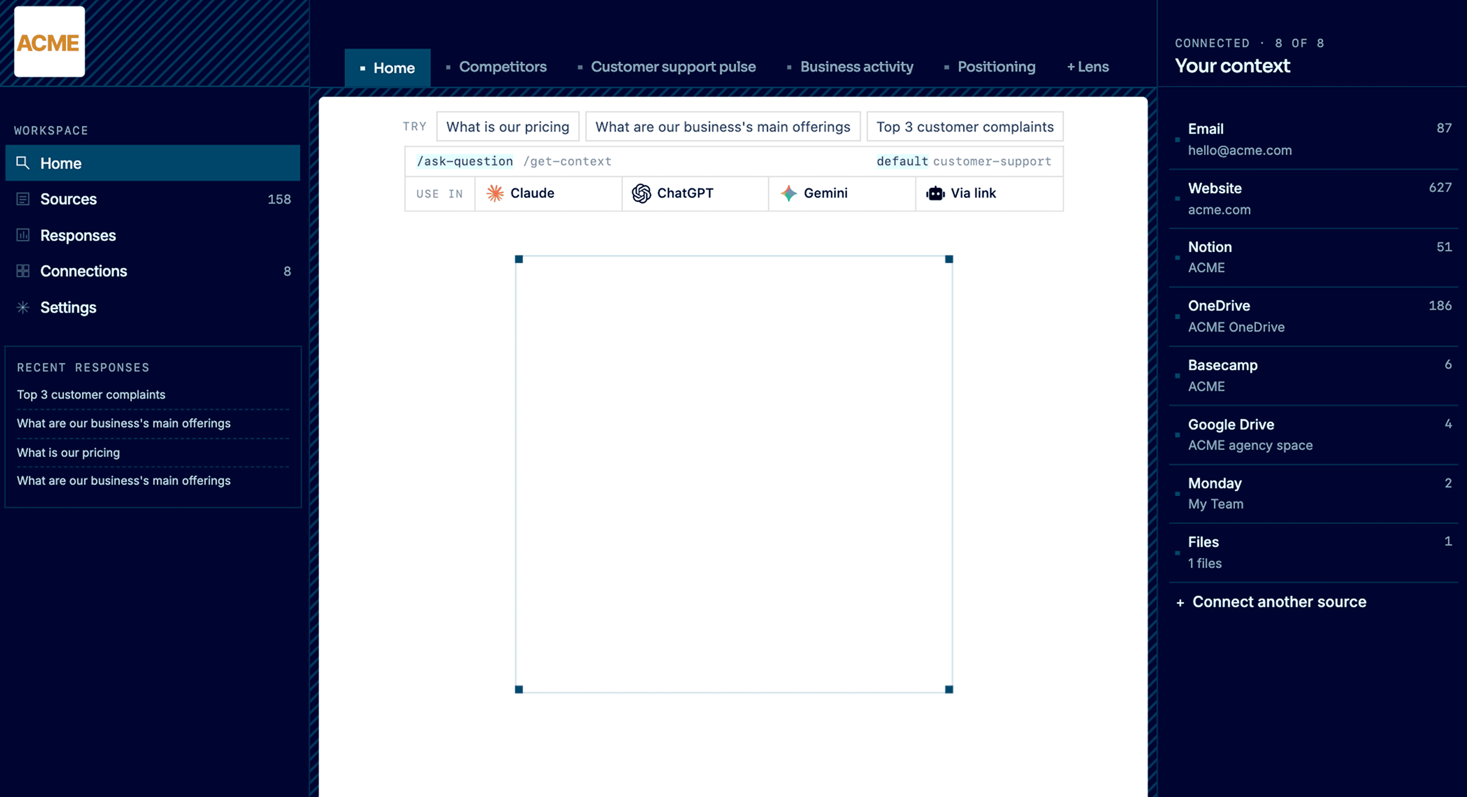 Context Link Oracle dashboard with connected sources, lens tabs, and the Oracle in the centre
