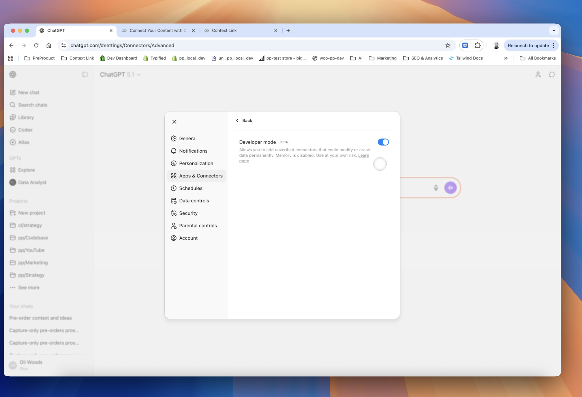 Image showing the Developer Mode toggle in Advanced Settings