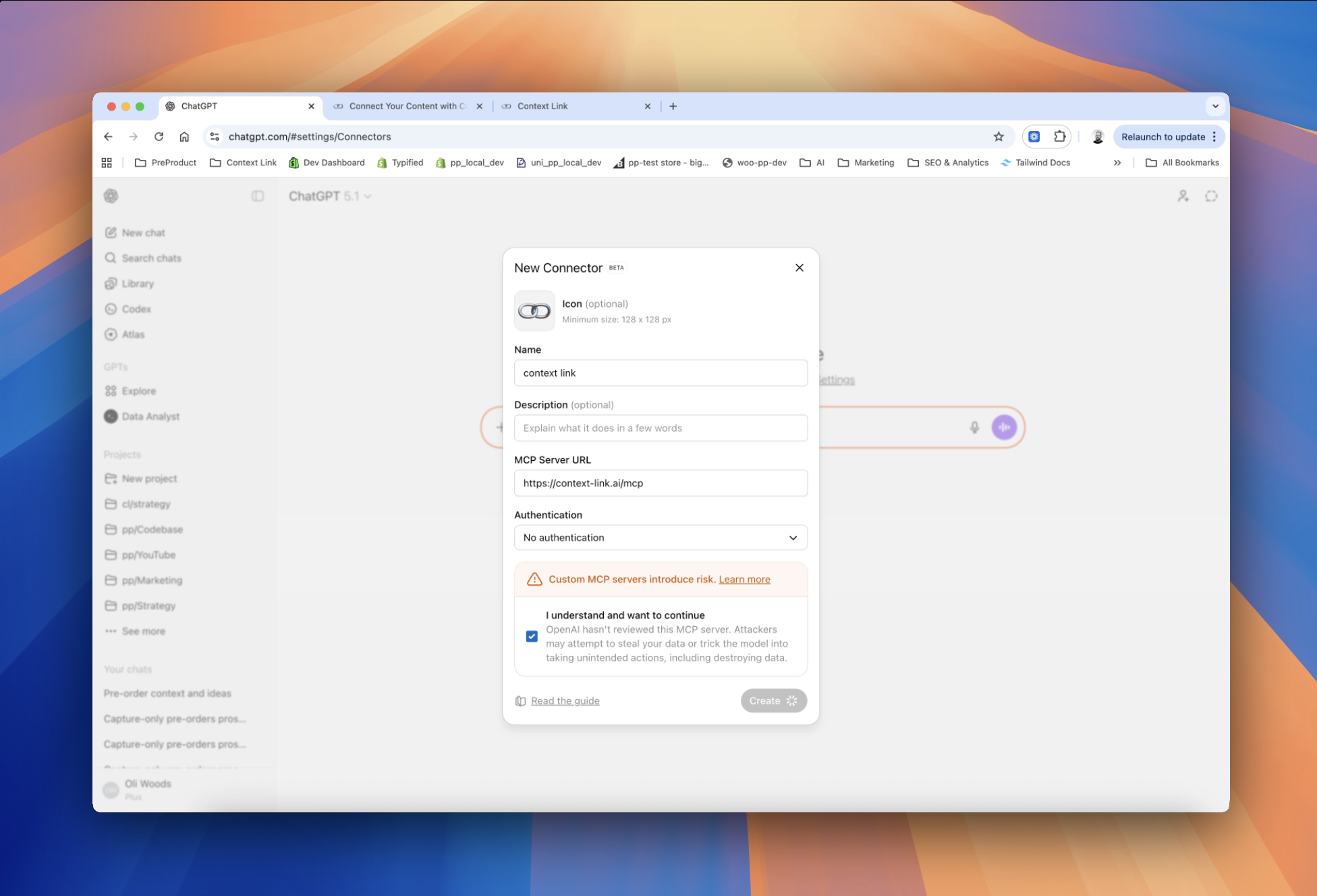 Image showing the App configuration form with Name, URL, and Authentication fields filled out