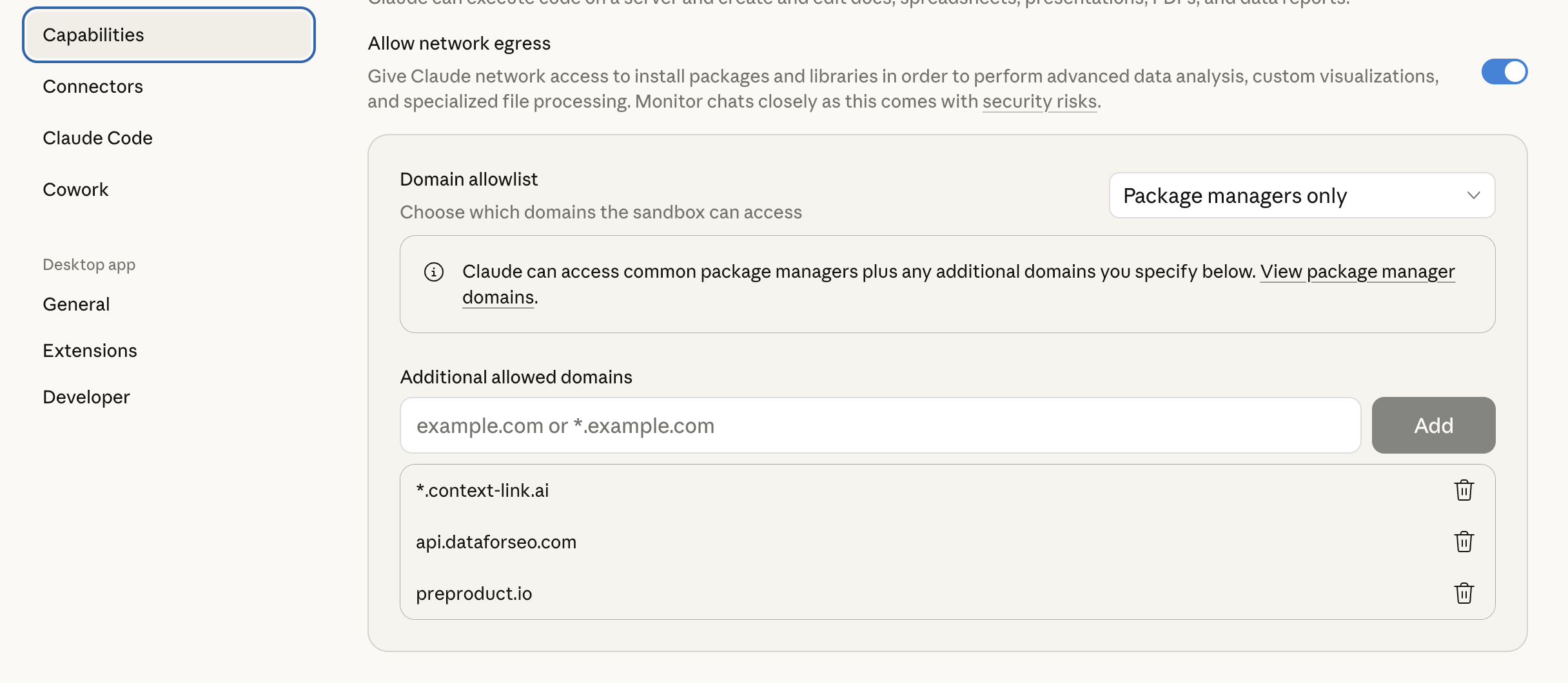 Claude domain allowlist settings