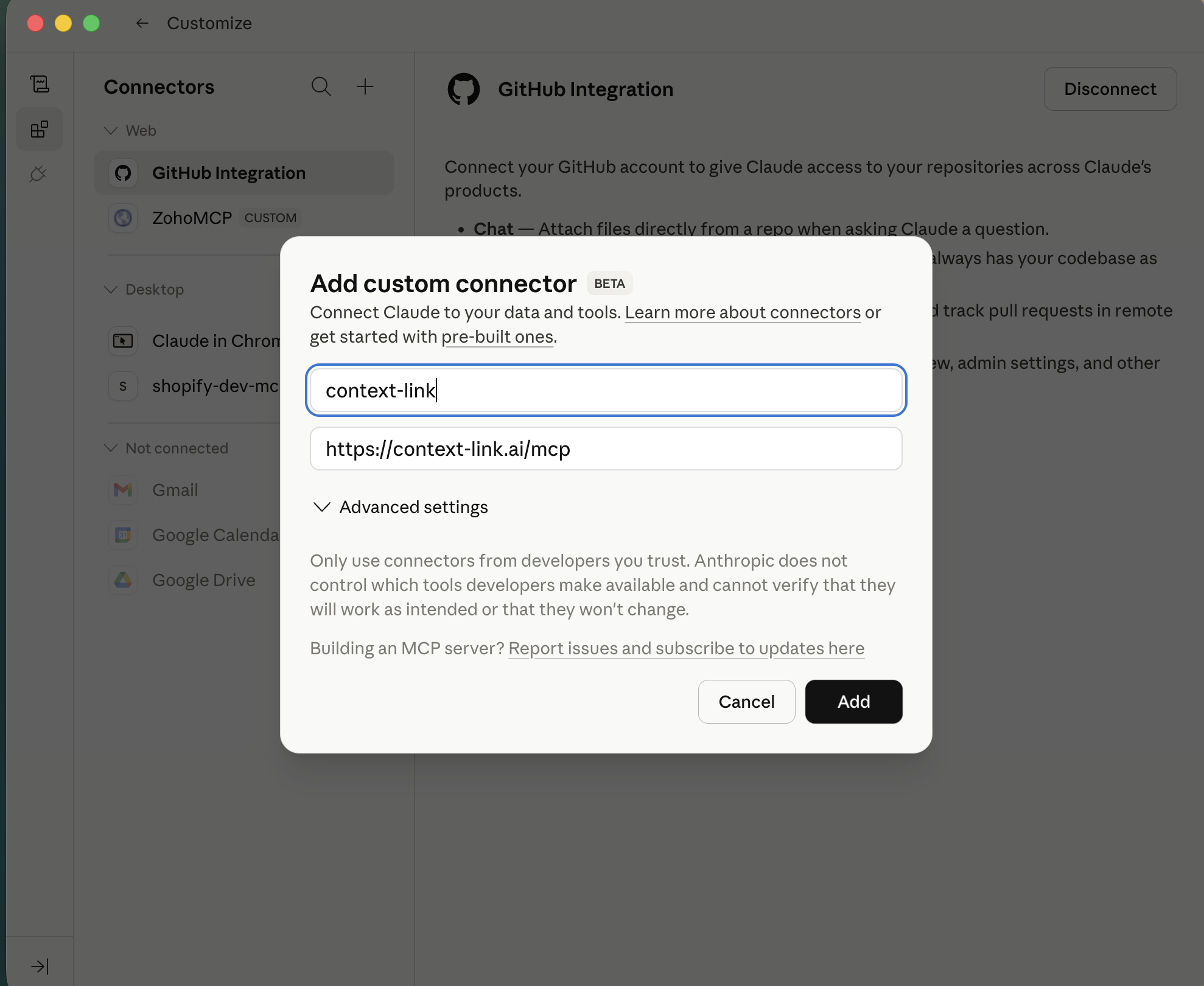 Image showing the Add Custom Connector dialog with Name and URL filled in
