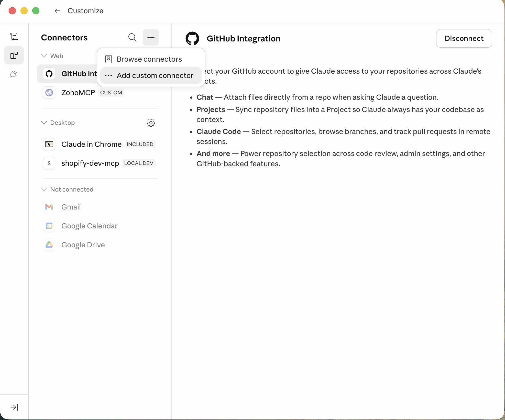 Image showing the Connectors tab inside Claude Desktop's Customize menu